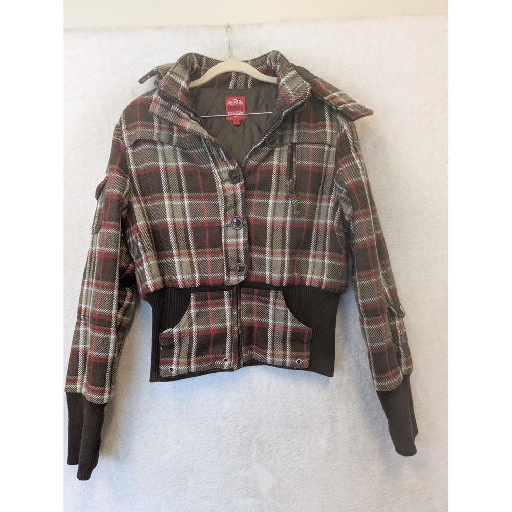 Therapy Plaid Bomber Jacket Women's XL Brown Wool Blend Y2K Cropped